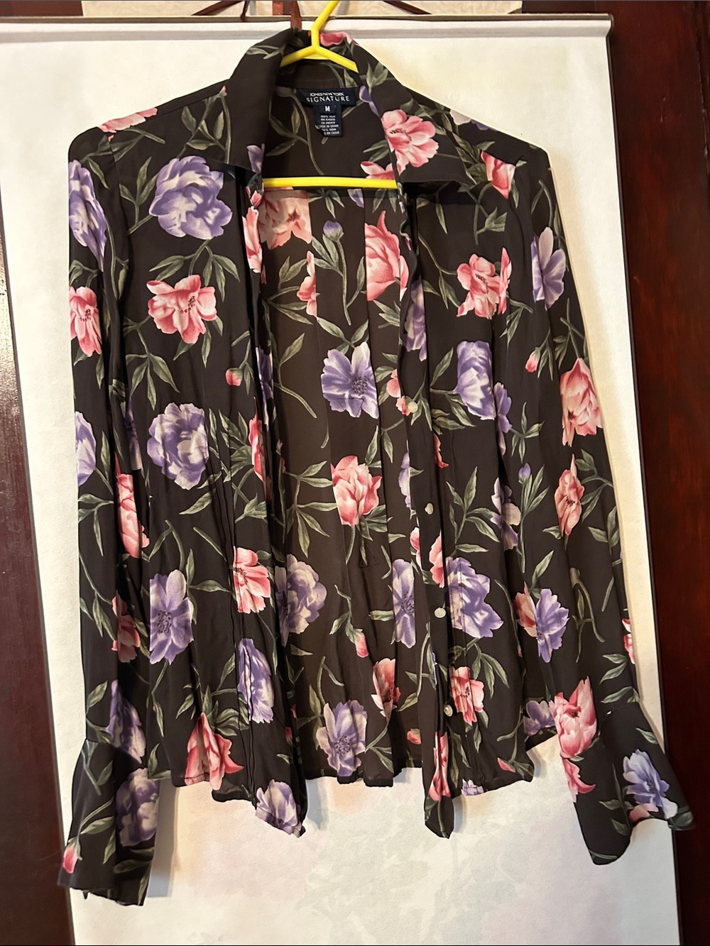 Jones New York Black Button-Front Floral Shirt with Pink & Purple Blooms, Medium